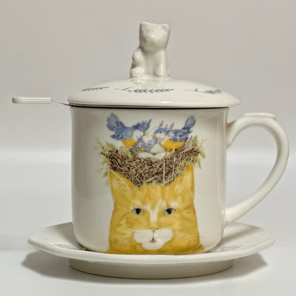 Creative Co-Op Cat Bird Nest Tea Mug Set Mary Lake-Thompson Infuser Dish